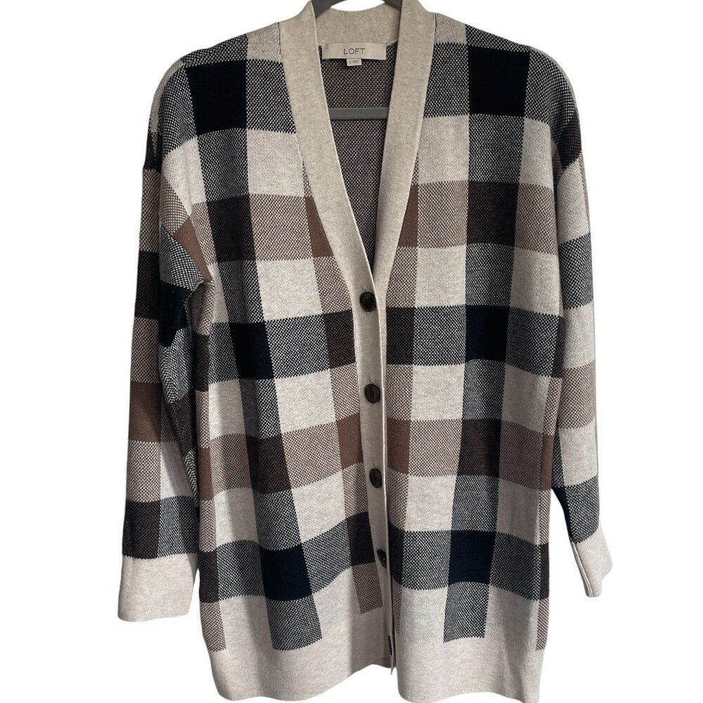 LOFT Plaid Open-Front Cardigan in Black, Brown, and Cream